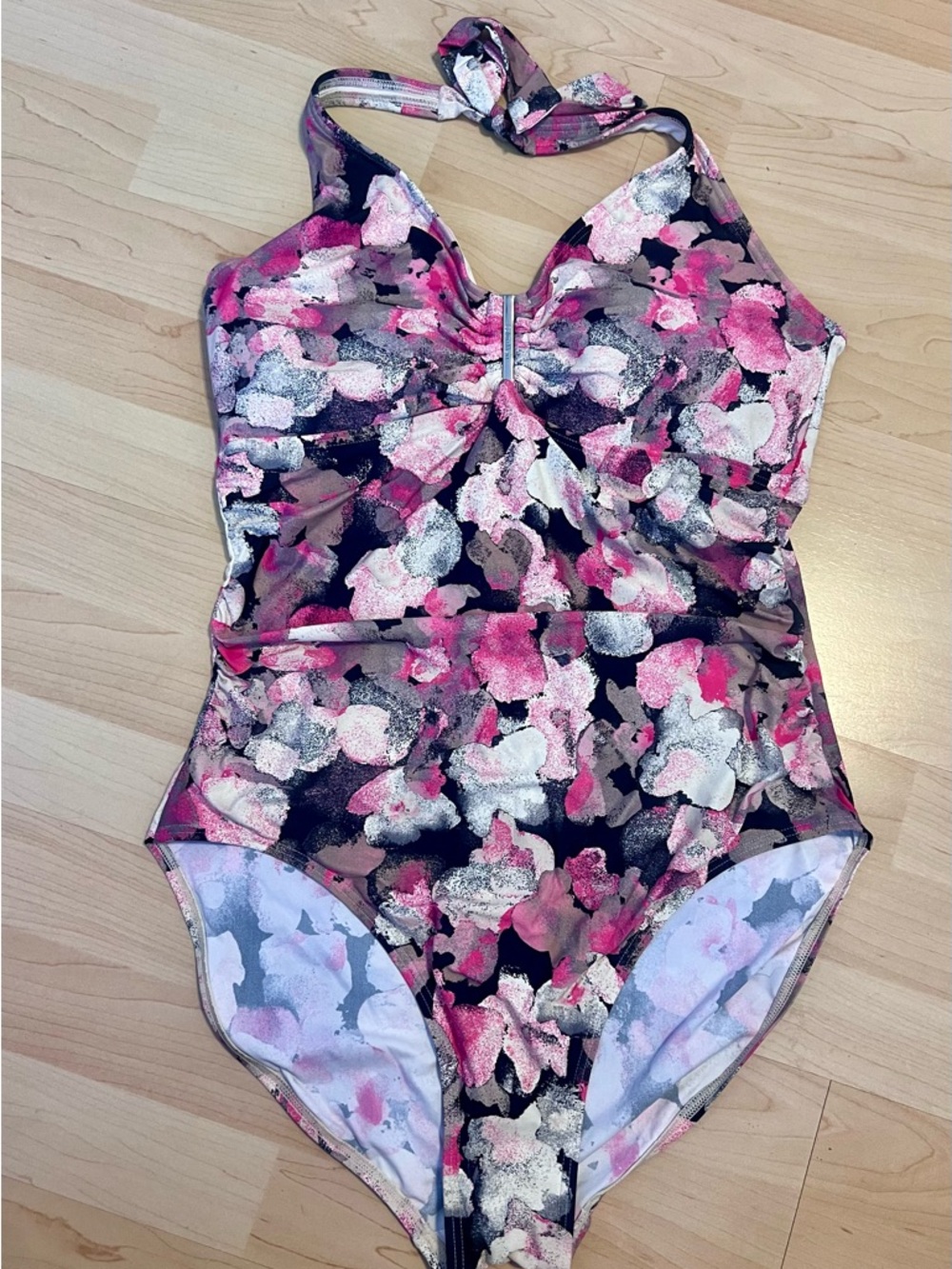 Calvin Klein Pink Black Floral Halter One-Piece